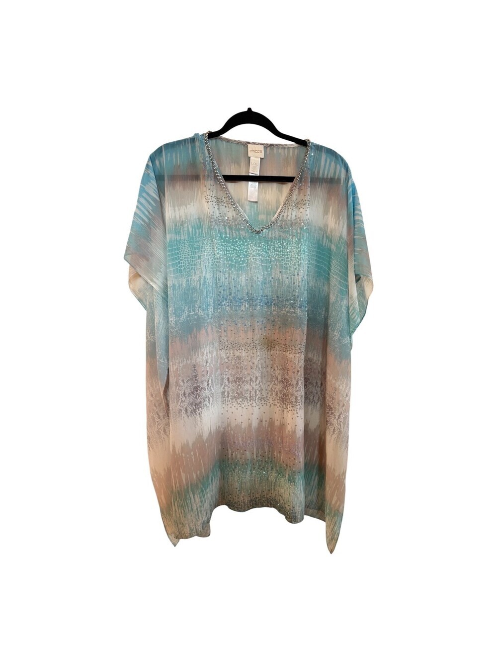 CHICOS Womens Cover Up Top Caftan Size L/XL Sheer Sequins Beach Dreaming Python